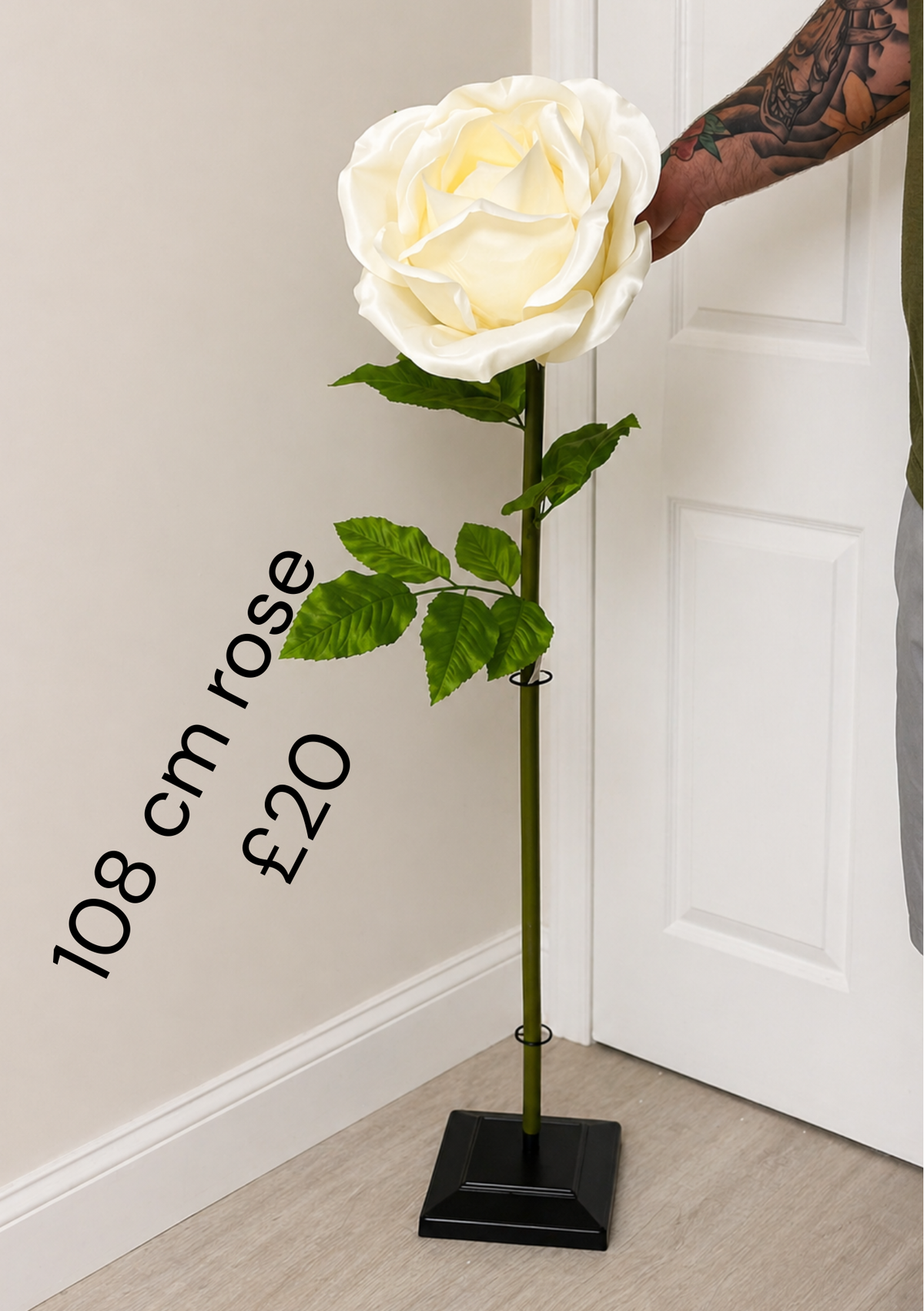 108cm ivory artificial rose with green stem and leaves; black display stand not included