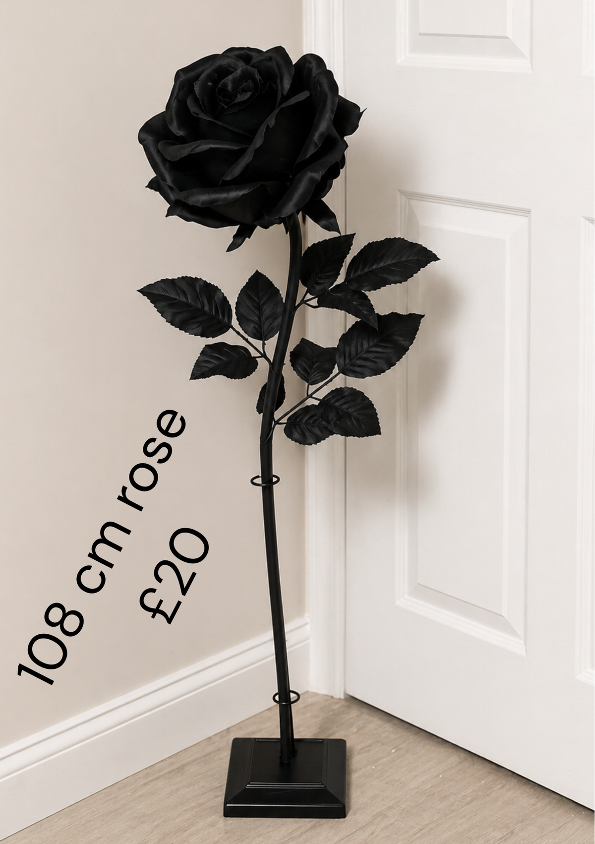 108cm giant black artificial rose with black stem and leaves; display stand not included