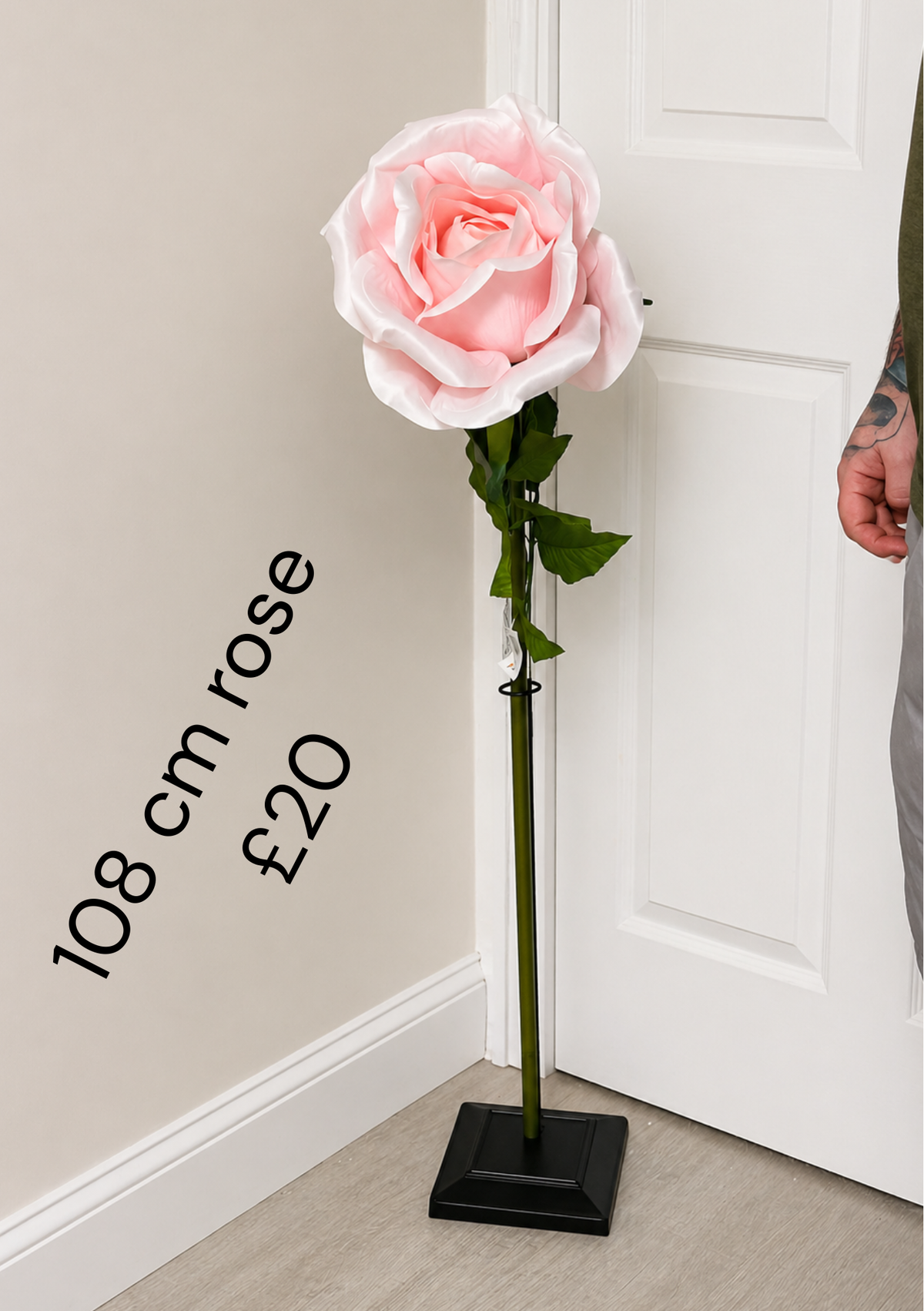 108cm giant pale pink artificial rose with green stem and leaves; display stand not included