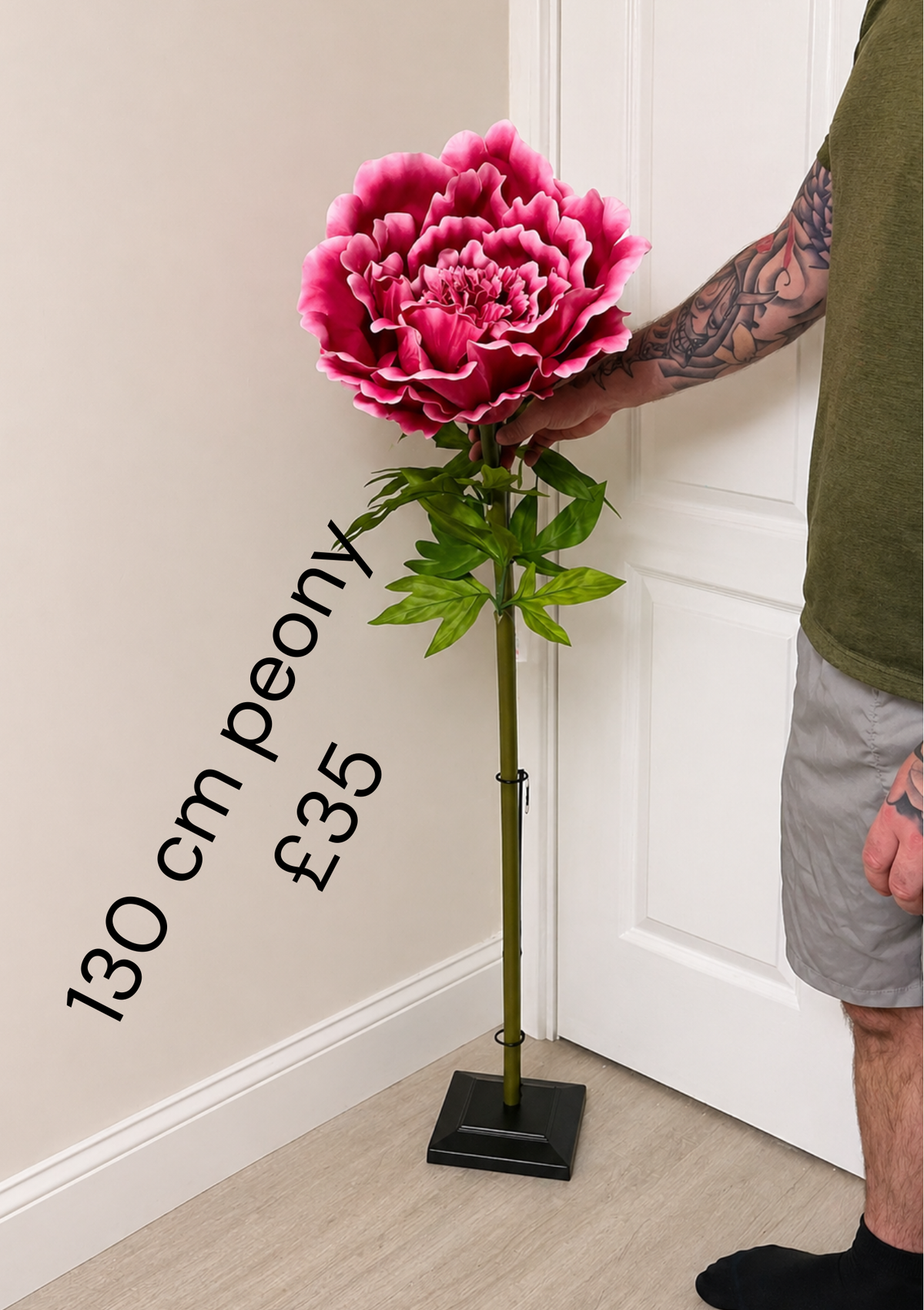 130cm giant pink artificial peony with ruffled petals and green leaves; display stand not included